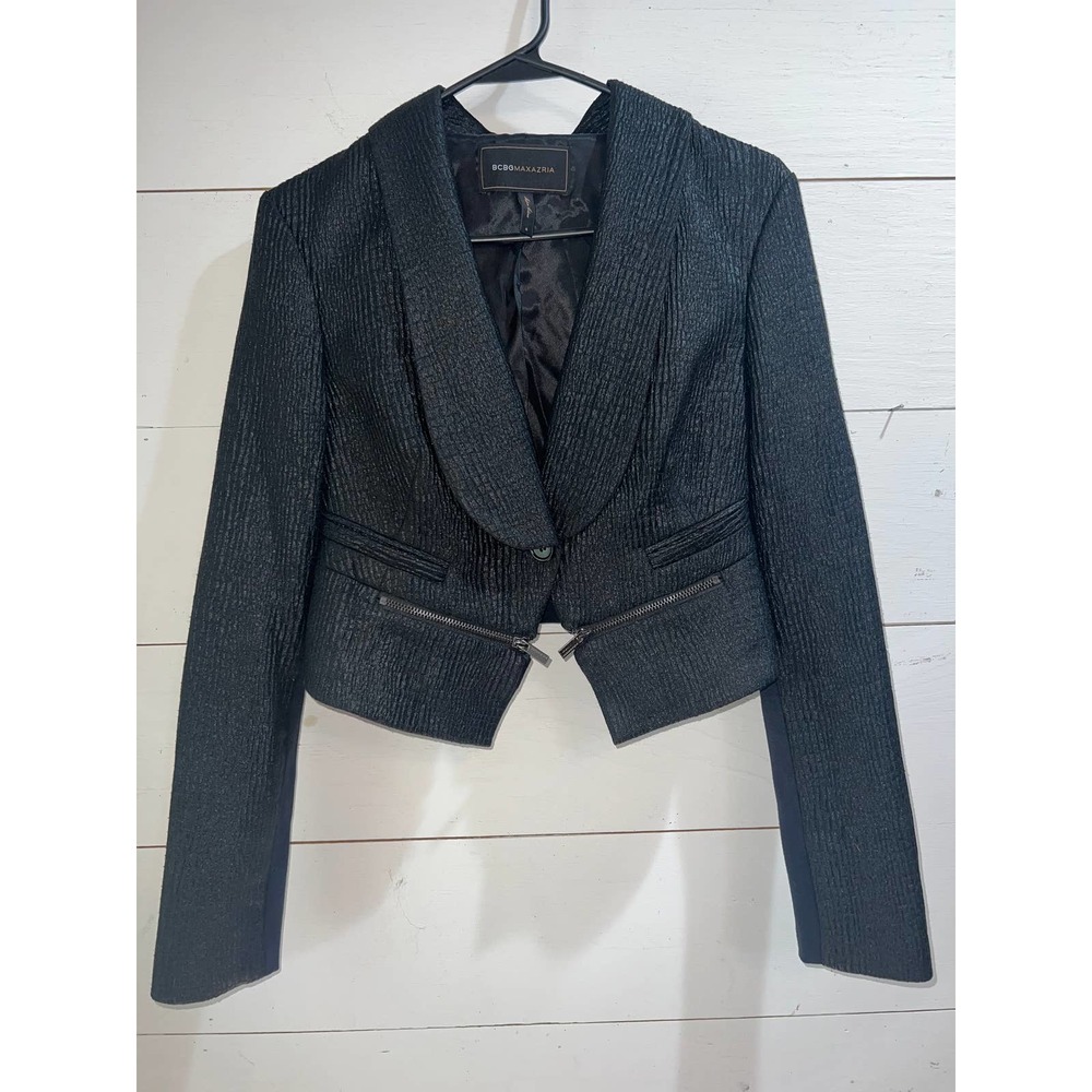 BCBG black military style cropped textured women's black blazer jacket sz s